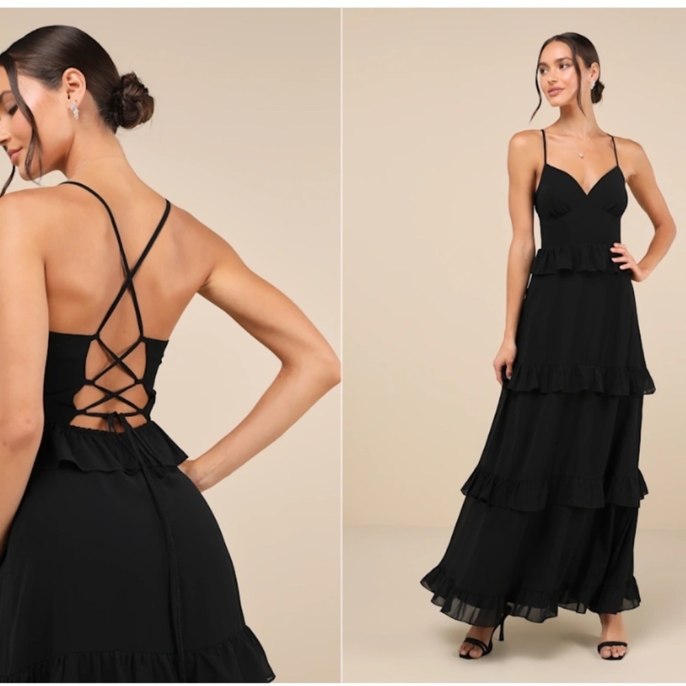 LULU's Prom Wedding Boho Romantic Ruffle Corset Tie Back Maxi Dress  NWOT